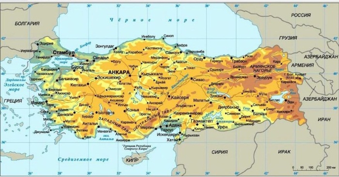 Карта Турции на русском языке географическая крупная. Города, курорты, отели, граница с государствами