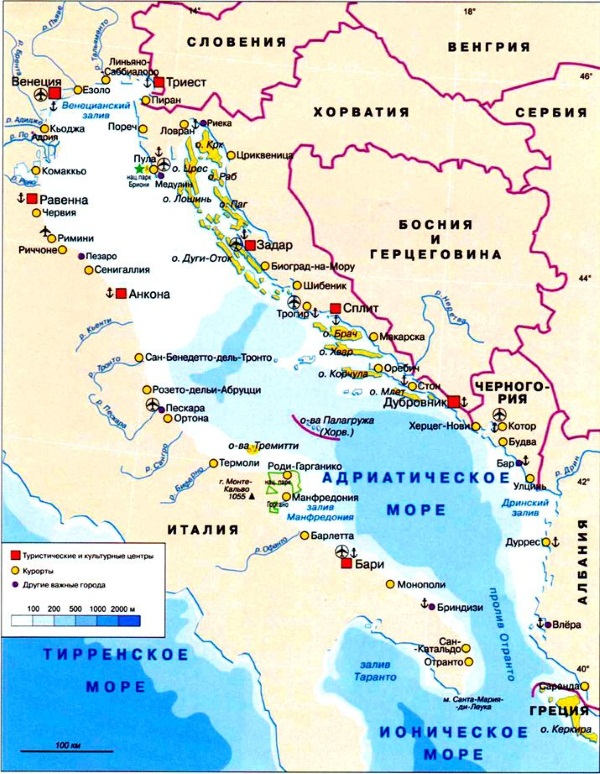 Адриатическое море на карте мира. Где находится, какие страны омывает, температура воды, курорты, достопримечательности