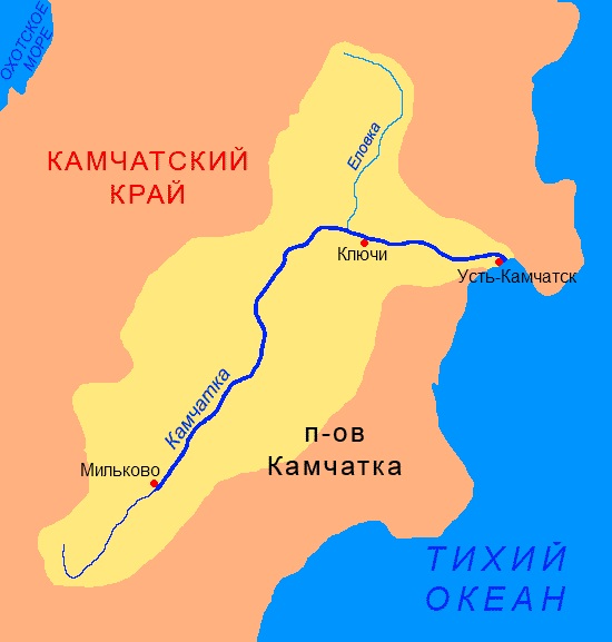 Камчатка на карте России с городами, где находится полуостров, границы