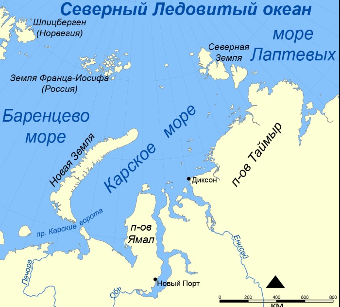 Карское море на карте России, острова и полуострова, границы, ресурсы, характеристика