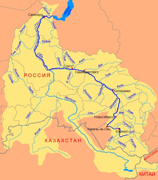 Обь река на карте россии от истока к устью