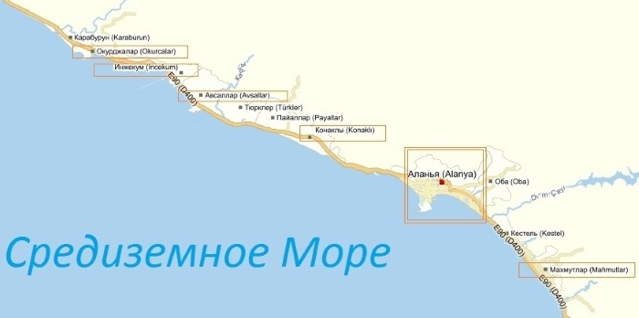 Курорты Турции на Средиземном море с песчаным пляжем на карте. Фото