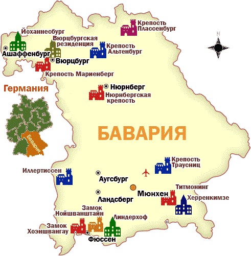 Карта Германии с городами на русском языке подробная. Земли с границами Чехии, Польши, Австрии, Швейцарии