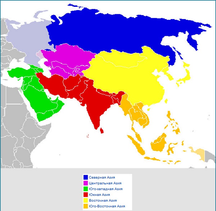 Карта Азии со странами крупно на русском со столицами. Границы стран, характеристики