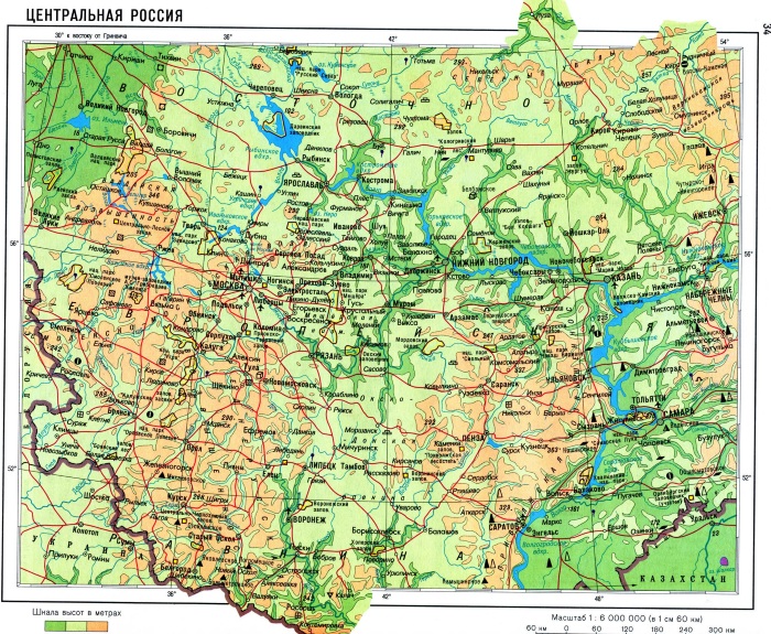Карта Центральной России с областями, городами, состав, географическое положение, население