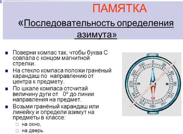 Как определять азимут по компасу, сторонам света, на карте местности с помощью транспортира