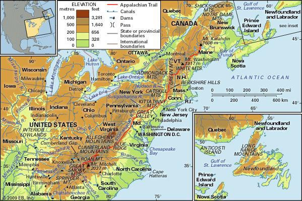 Аппалачи горы (Appalachian) на карте мира. Высота, возраст, складчатость, вершина