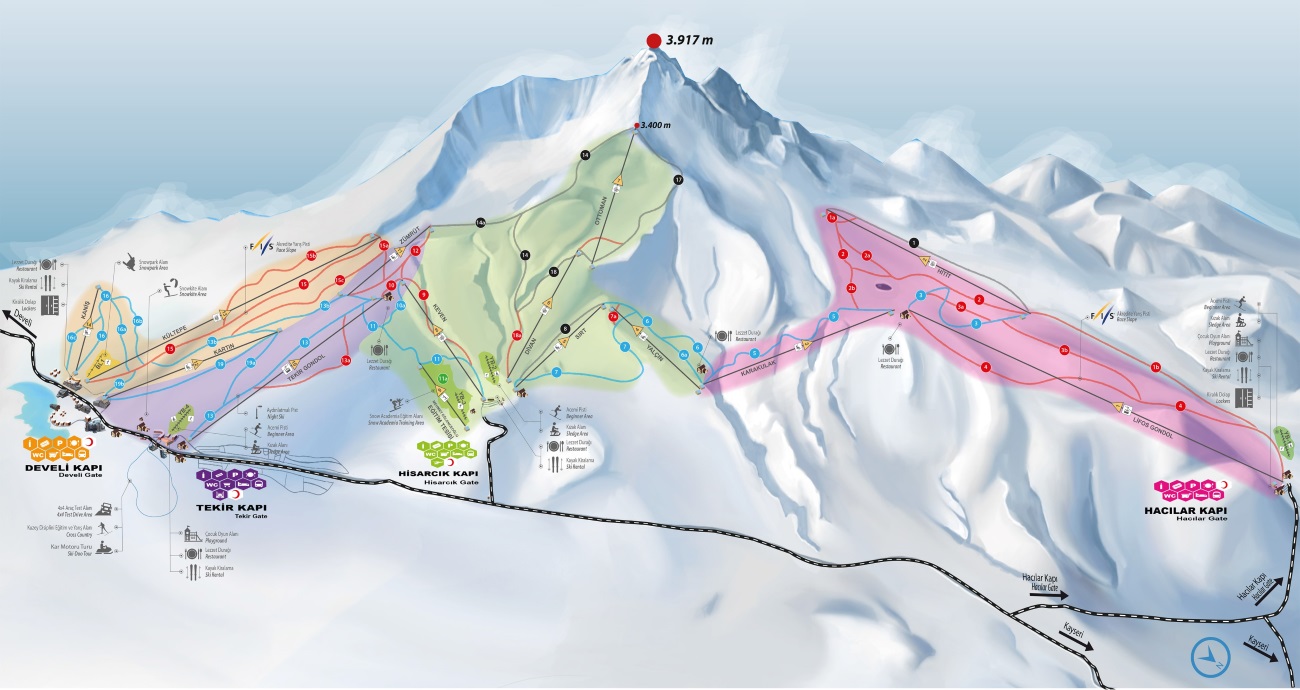 Кайсери Турция горнолыжный курорт Эрджиес. Схема трасс, карта