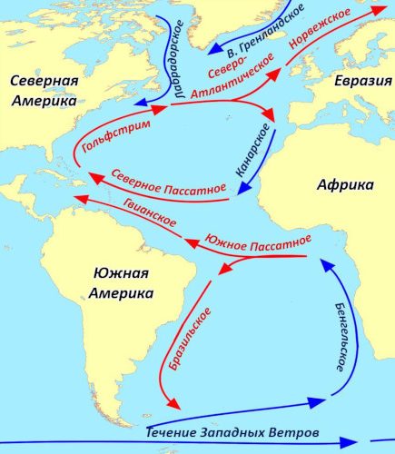 Атлантический океан на карте мира: границы со странами на русском языке, моря