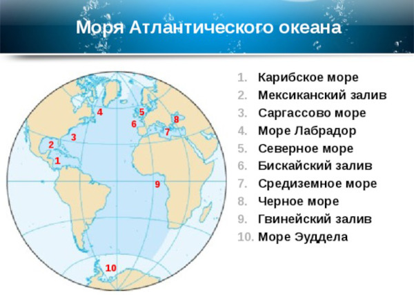 Атлантический океан на карте мира: границы со странами на русском языке, моря
