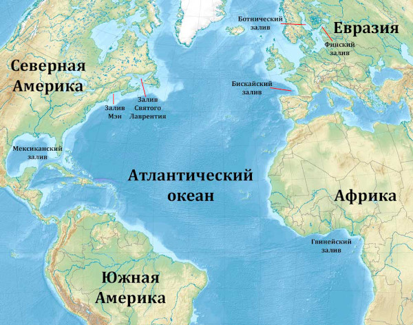Атлантический океан на карте мира: границы со странами на русском языке, моря
