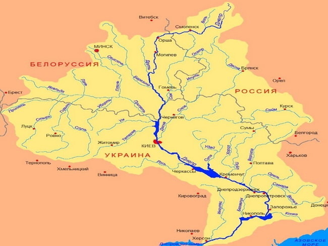 Днепр река на карте Беларуси, Украины от истока до устья. Ширина